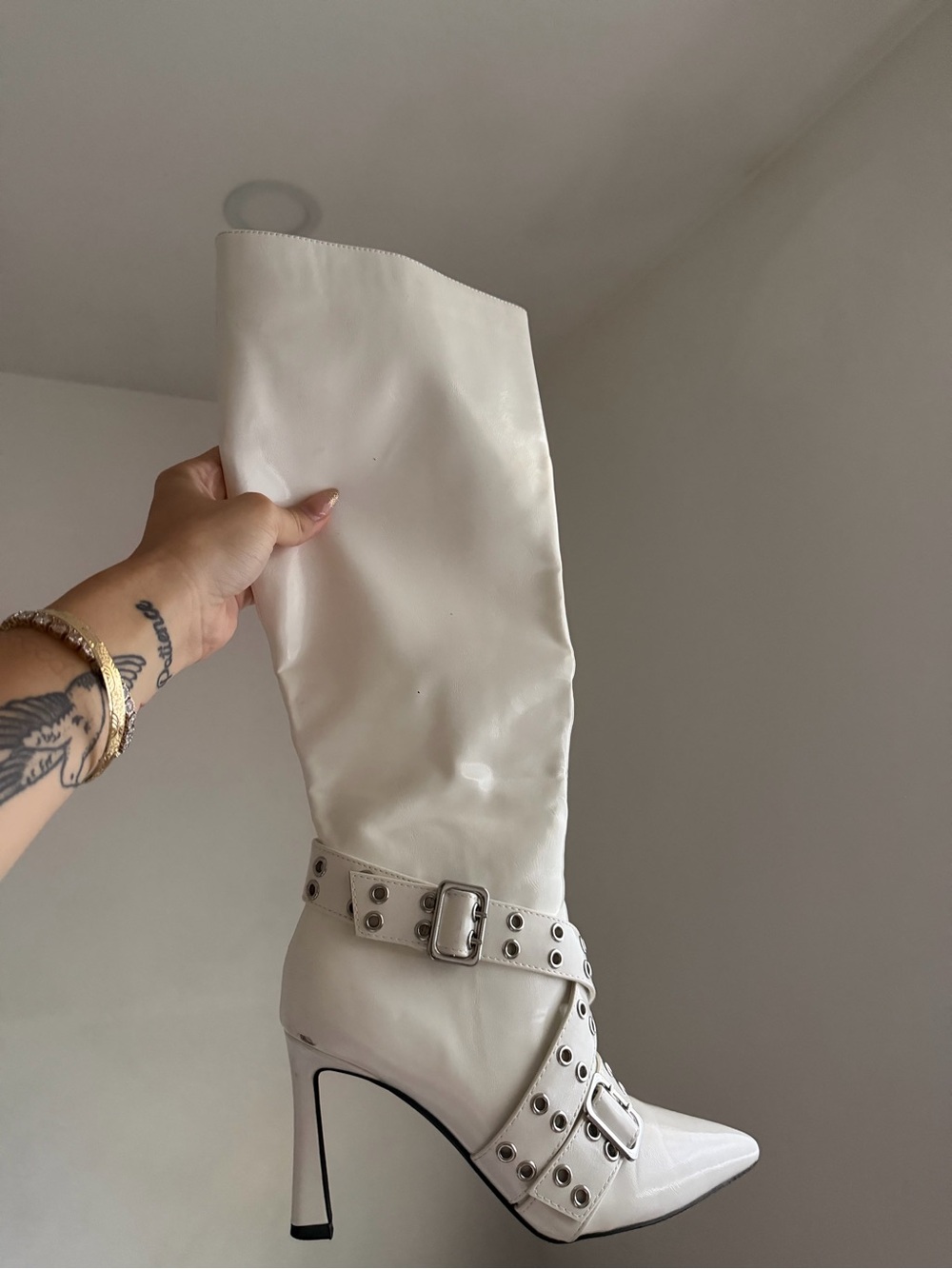 Fashion Nova White High Shaft Pointed Toe Studded Buckle Heel Boots